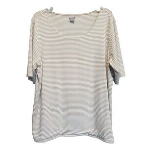 Chico's Touch of Cool Tan Striped Ballet Elbow Sleeve Scoop Neck T-Shirt 3 (XL)